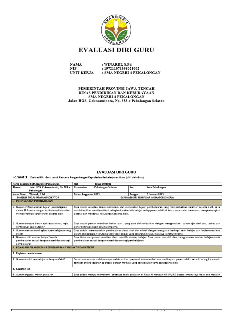 Contoh Evaluasi Diri Guru 2023 | PDF | Karier & Perkembangan ...