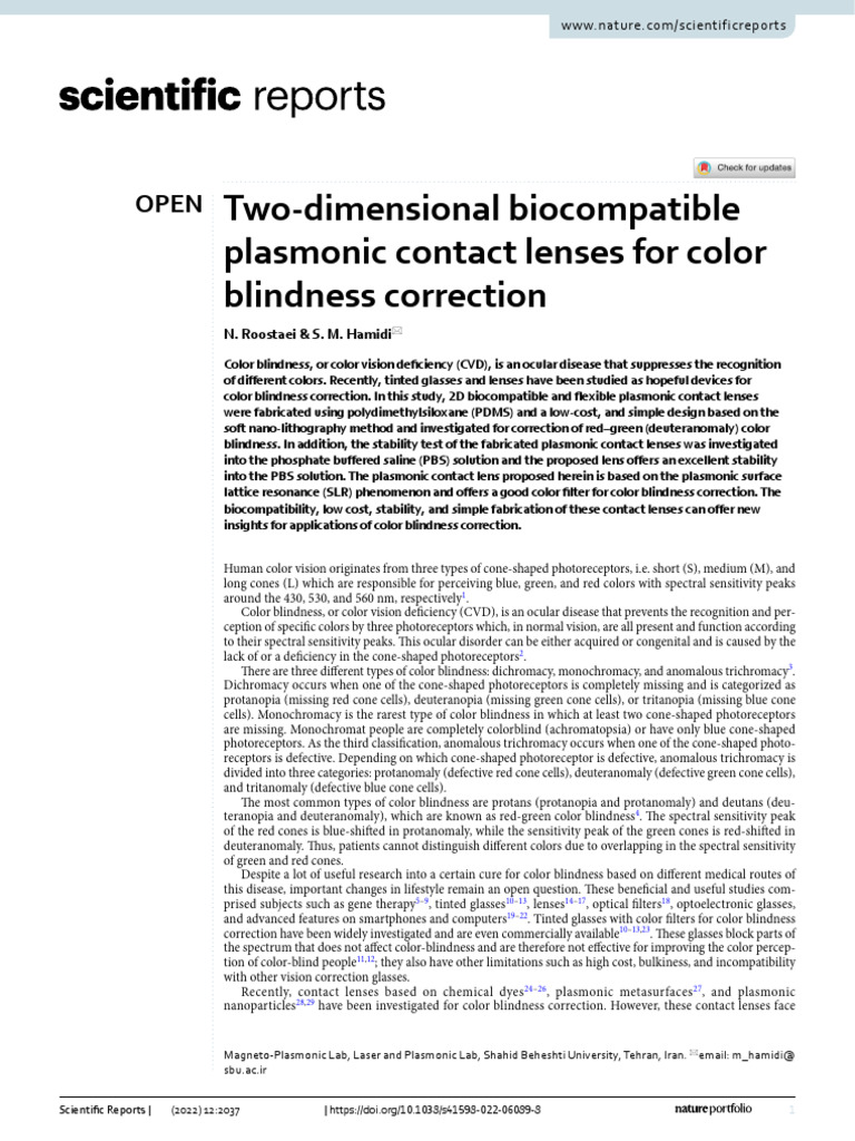 Twodimensional Plasmonic Contact Lenses For Color
