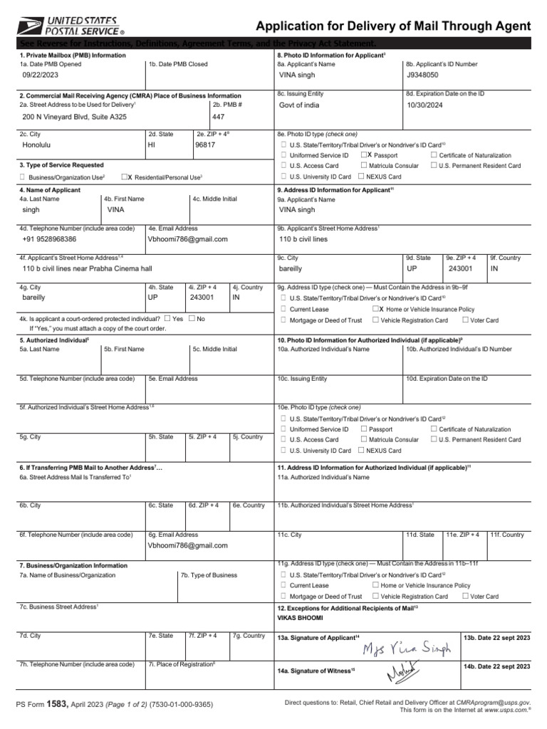 PMB Application for Vina Singh | PDF | United States Postal Service ...