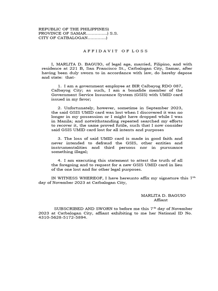 Loss - UMID | PDF | Affidavit | Document