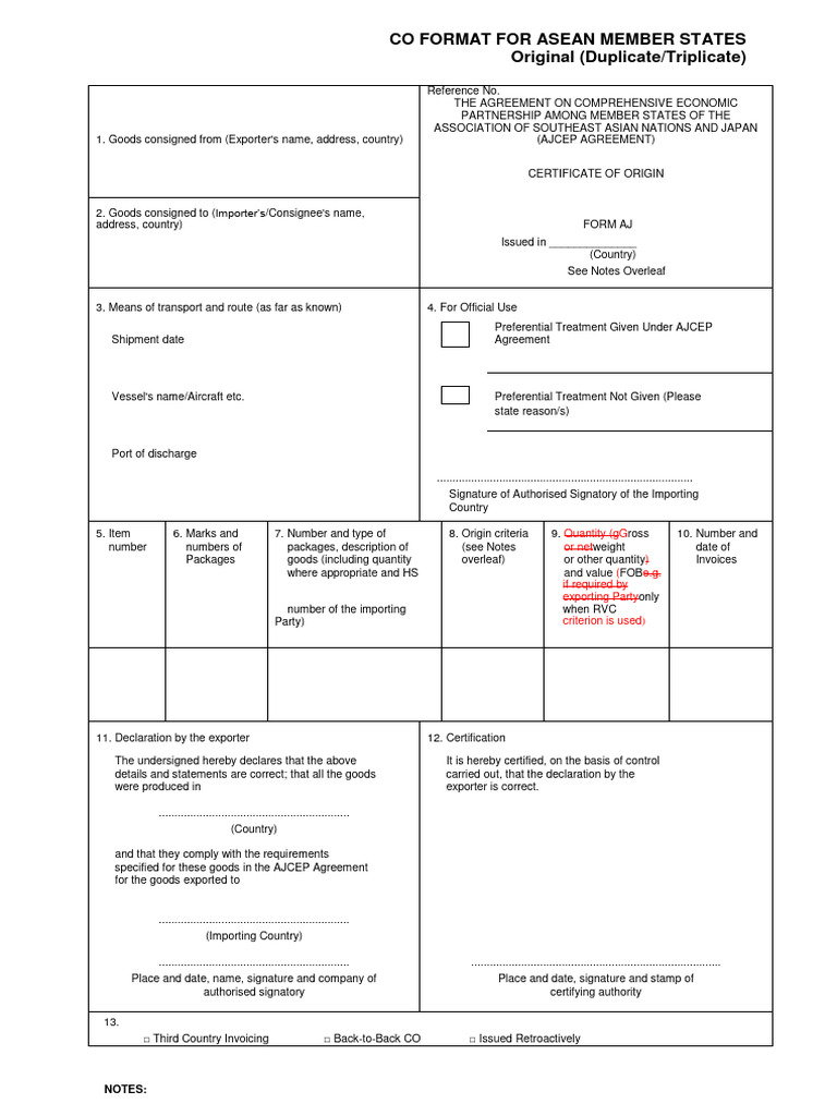 ASEAN Certificate of Origin Format | PDF