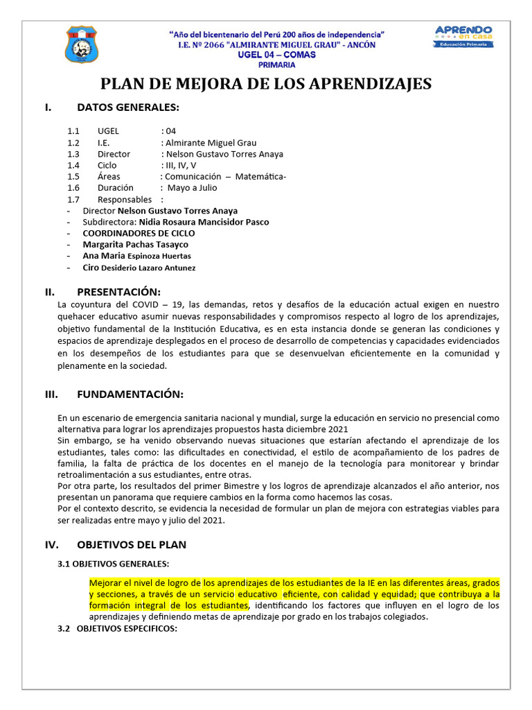 Plan de Mejora de Los Aprendizajes 2021 | PDF | Aprendizaje | Cognición