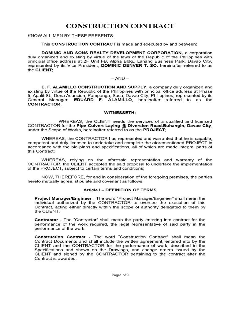 Construction Contract for Pipe Culvert Laying | PDF | Employment ...