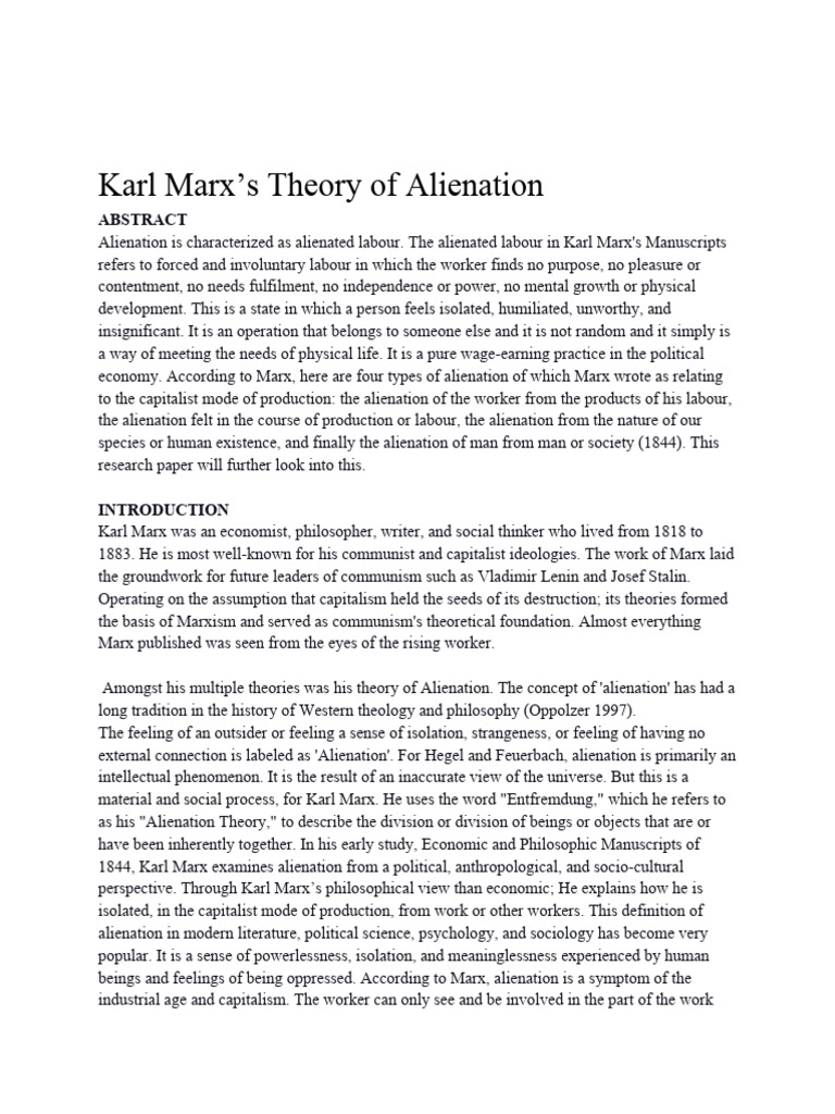 Roudro mukhopadhyay karl marx theoryof alienation pdf marx s theory