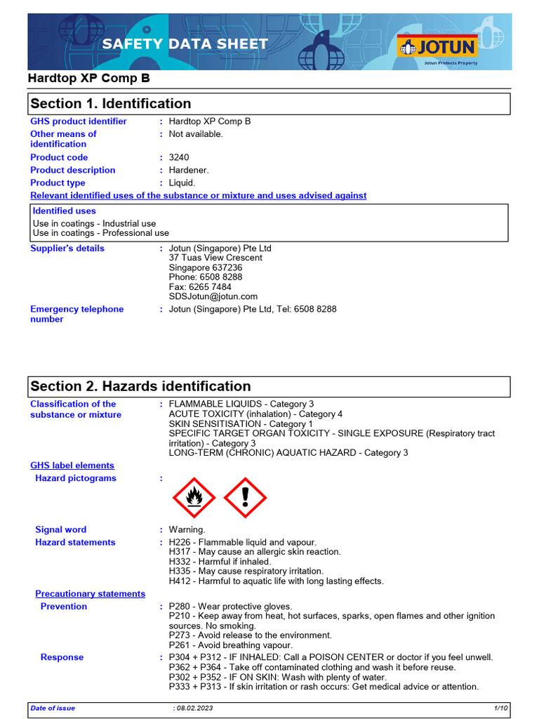Hardtop XP Comp B Safety Data Sheet | PDF | Toxicology | Occupational ...