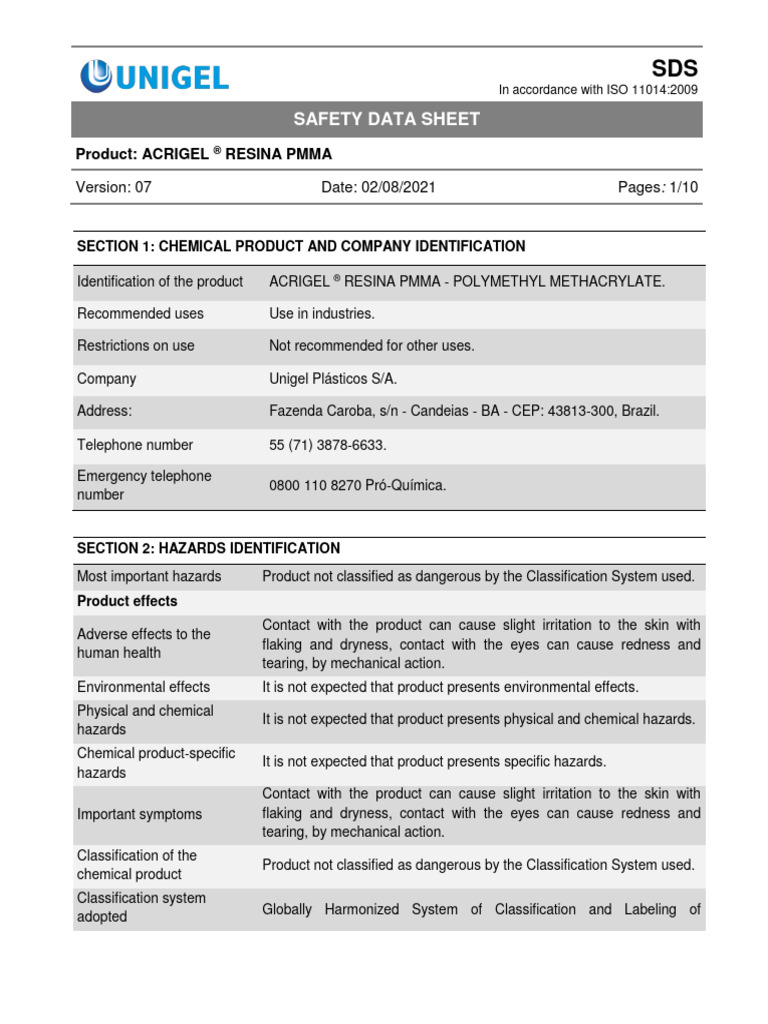 SDS PolymethylMethacrylate Ingles VER07 PDF Occupational Safety