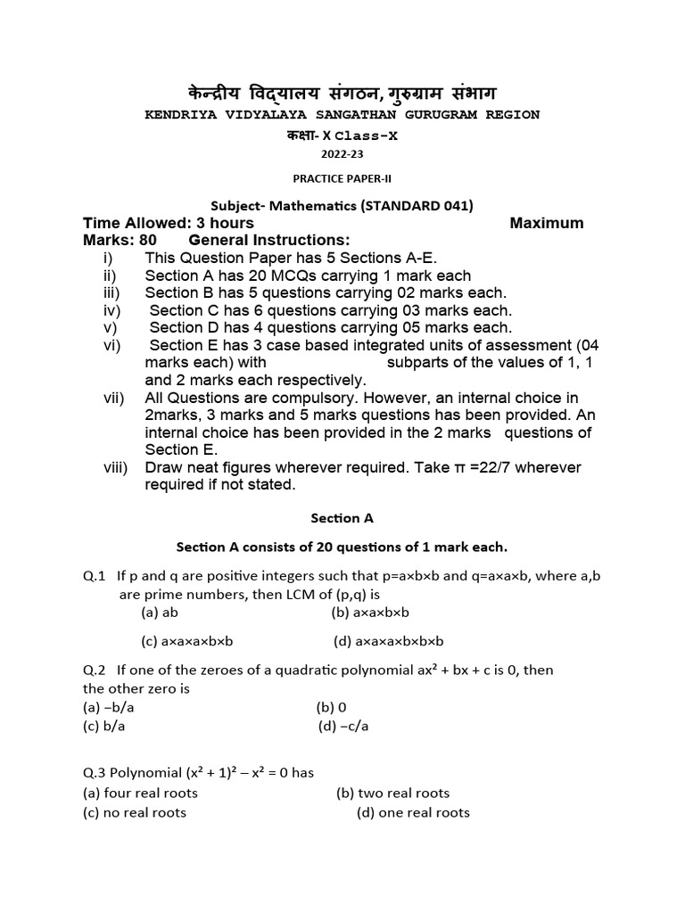 Class X Maths Practice Paper 2022-23 | PDF | Circle | Area