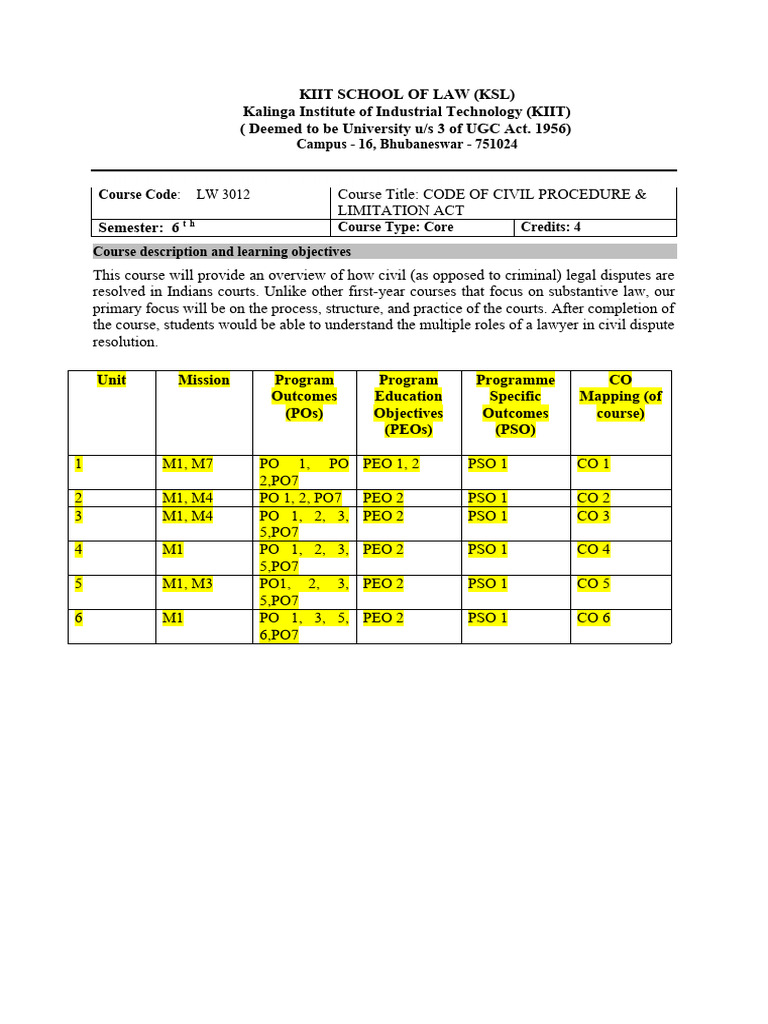 FINAL SYLLABUS Code of Civil Procedure & Limitation Act LW 3012 | PDF ...