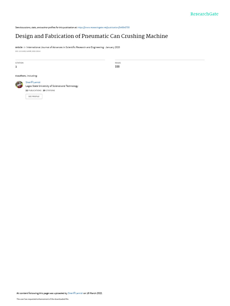 Design and Fabrication of Pneumatic Can Crushing Machine PDF