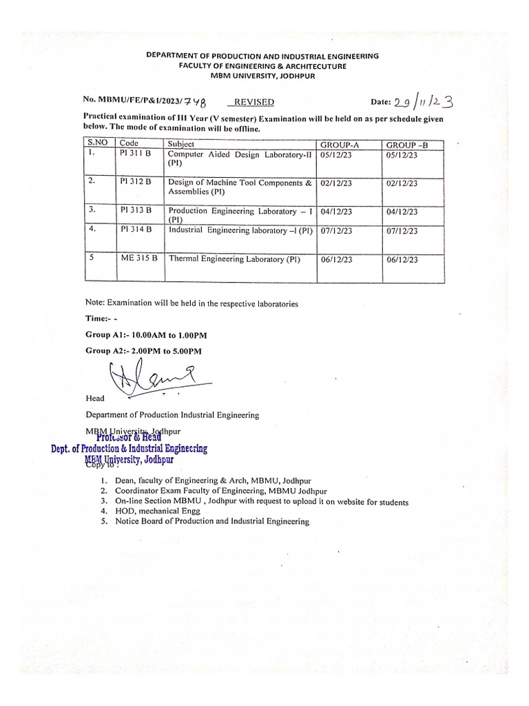 III Year Revised Practical Exam Time Table | PDF