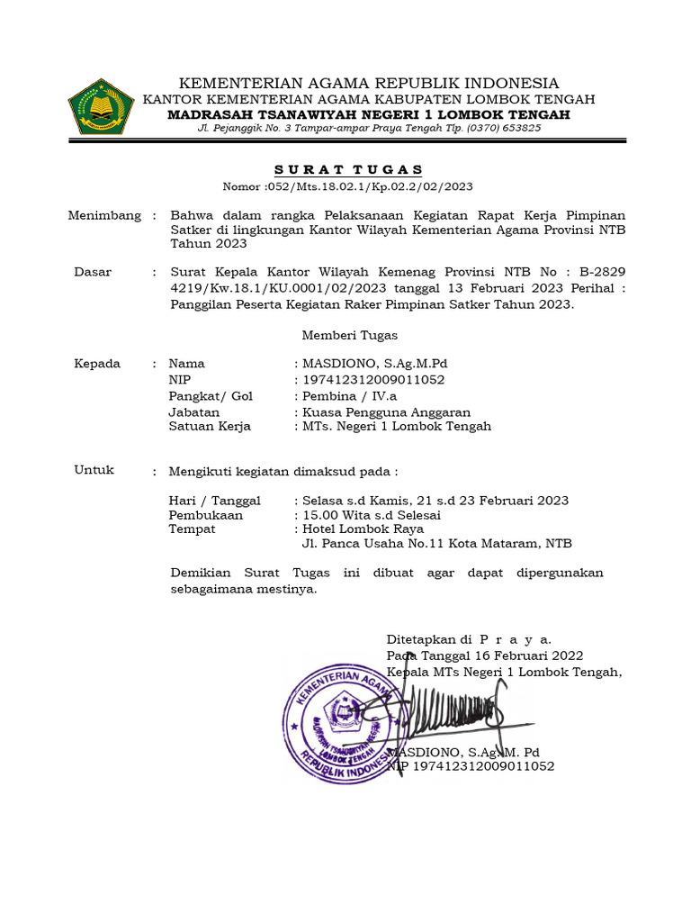 Surat Tugas Raker Pimpinan Satker 2023 | PDF