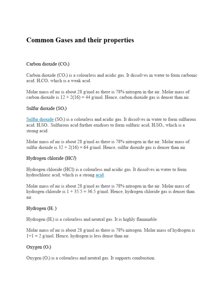 Common Gases and Their Properties PDF Chlorine Acid