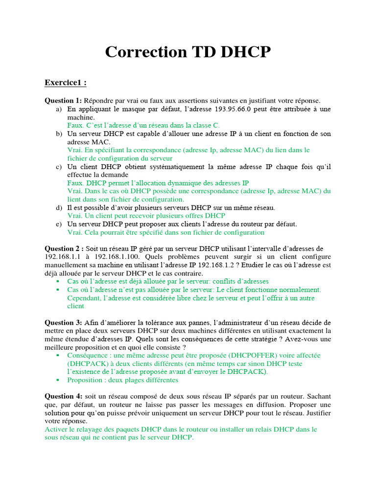 Correction TD sur le DHCP et ses enjeux | PDF | Adresse IP | Serveur ...