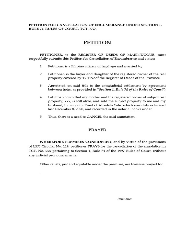Petition For Cancellation Registry of DeedsEdit PDF