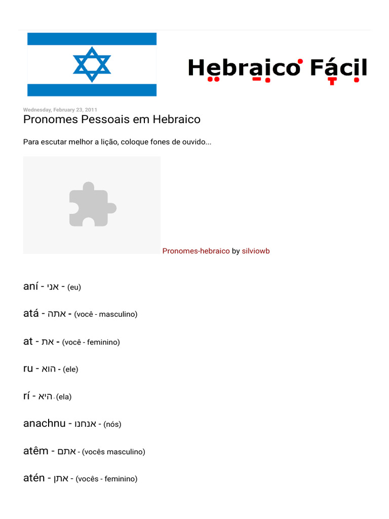 Hebraico Fácil Pronomes Pessoais em Hebraico PDF Linguística