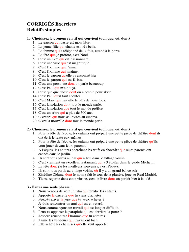 Exercices sur les pronoms relatifs | PDF | Arts du langage et ...
