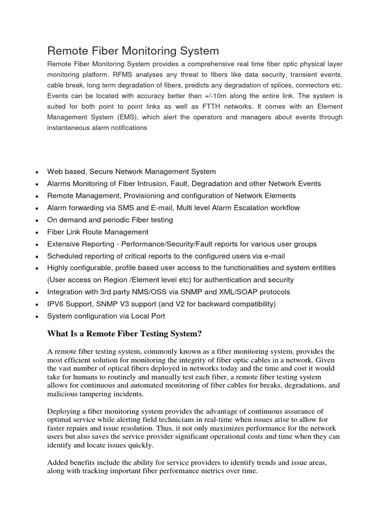 Remote Fiber Monitoring System Overview | PDF | Optical Fiber ...