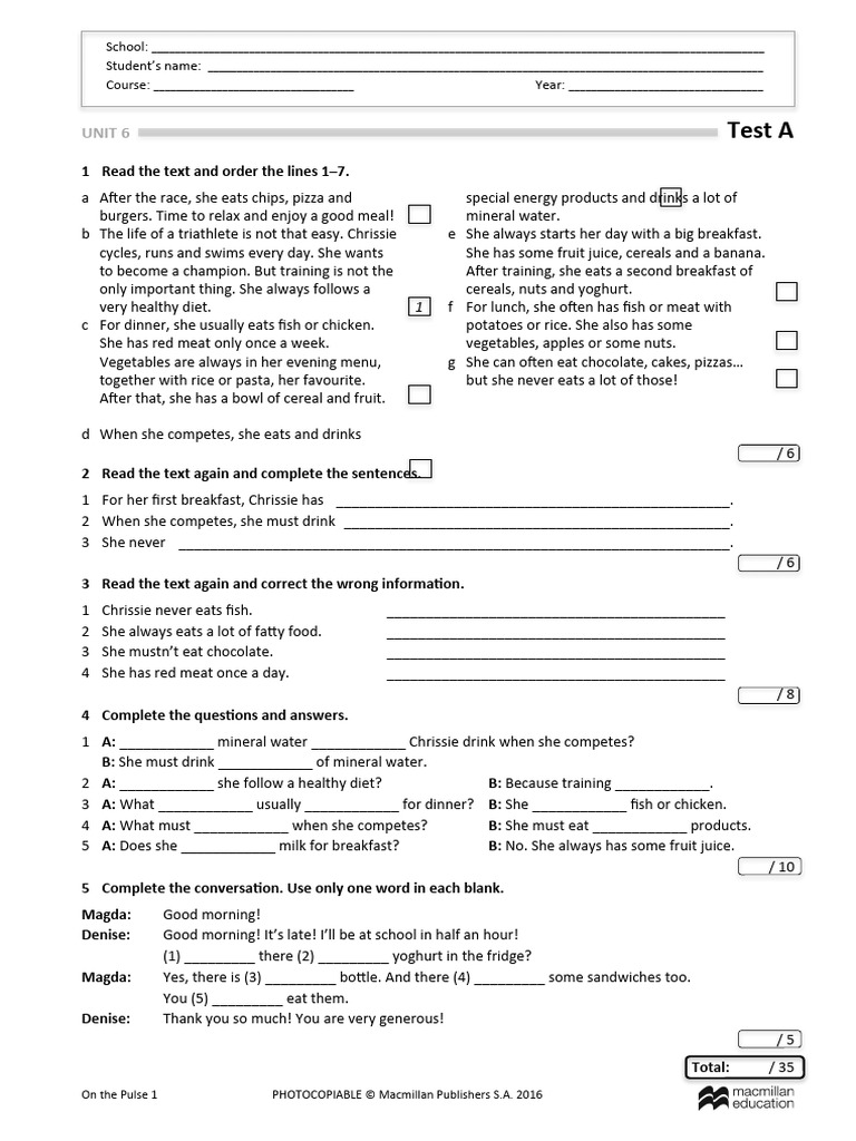 OTP1 Unit 6 Test A | PDF | Lunch | Food And Drink