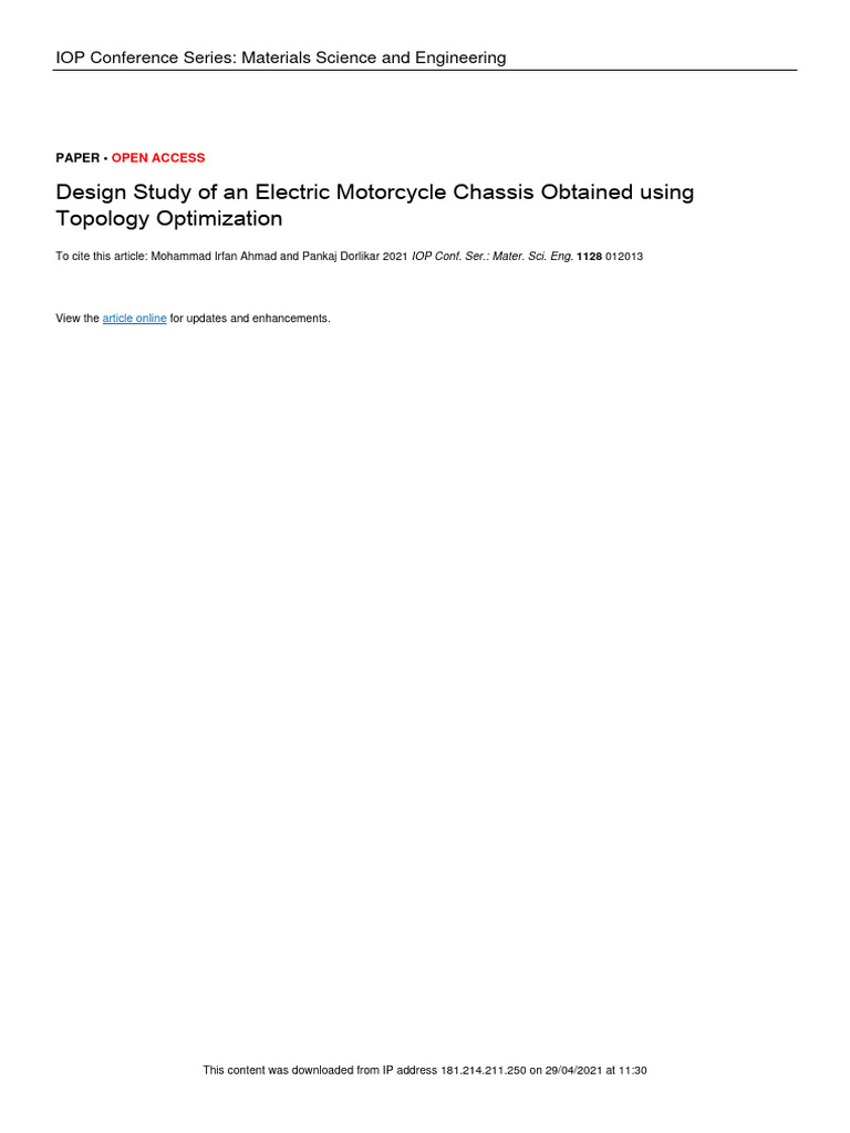 Design Study of An Electric Motorcycle Chassis Obt PDF Finite