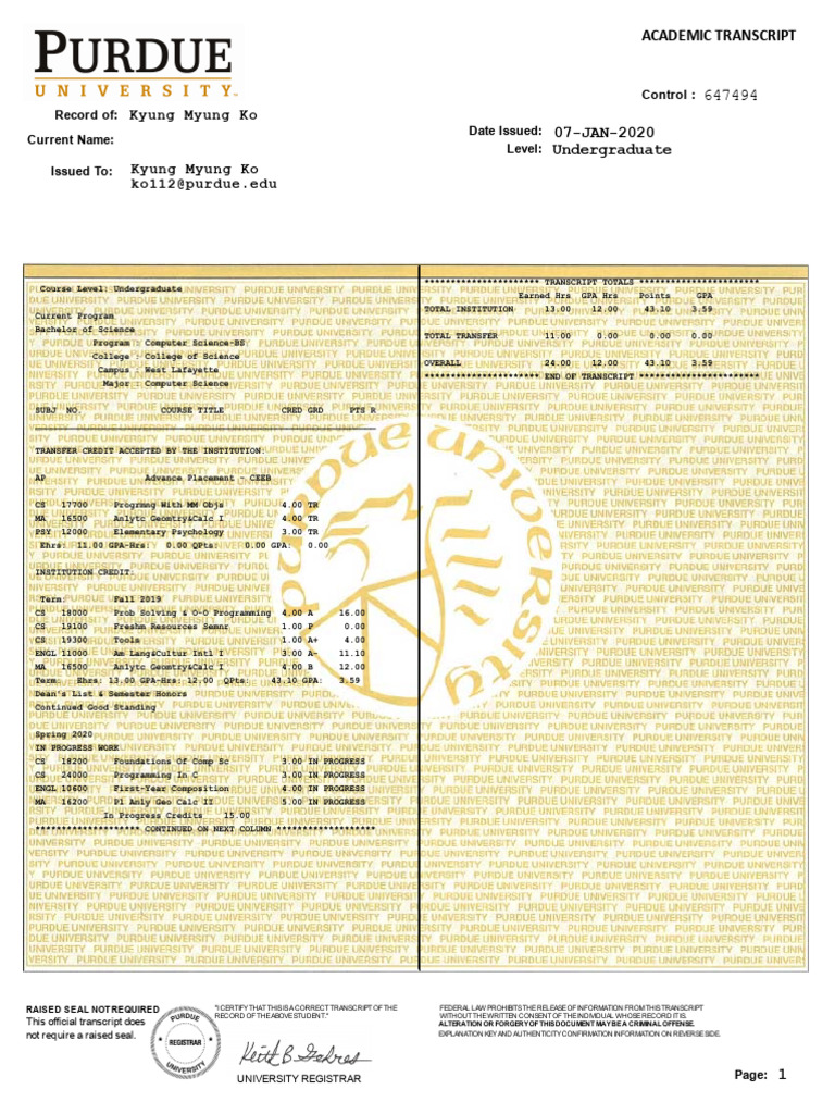 Purdue University Academic Transcript | PDF | Student Assessment And ...