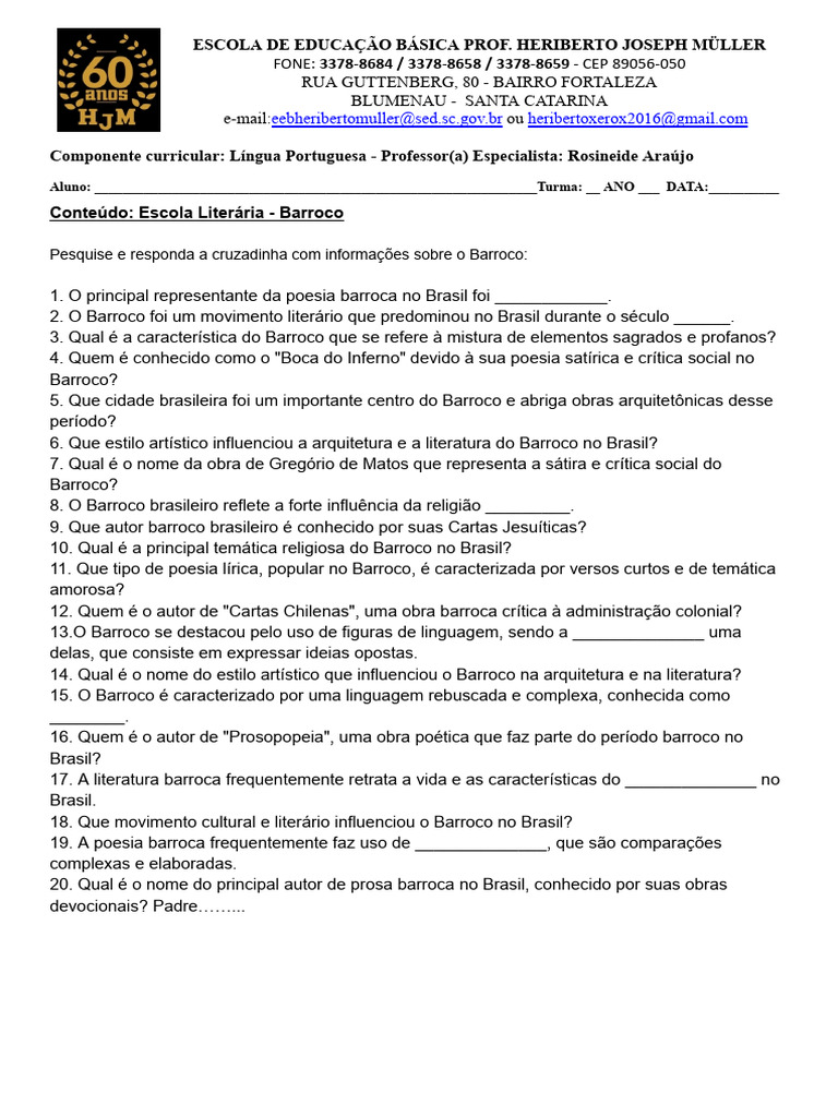 Questões sobre o Barroco no Brasil | PDF | Barroco | Brasil