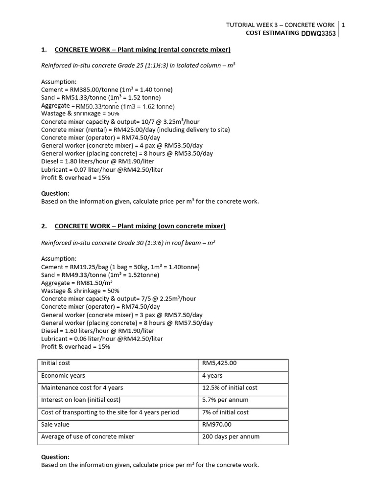 Tutorial Week 3 Concrete Work PDF Concrete Cost