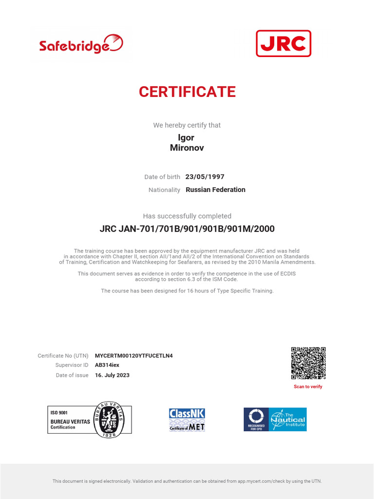 JRC ECDIS Type Specific Training Certificate | PDF