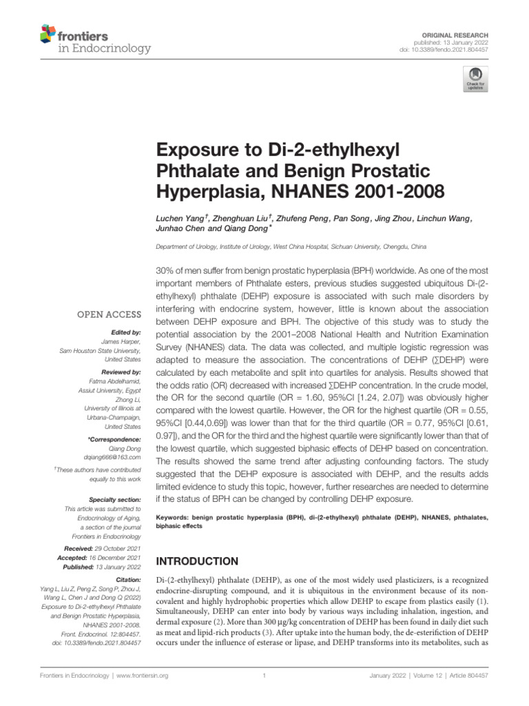 Exposure To Di-2-Ethylhexyl Phthalate and Benign Prostatic Hyperplasia ...