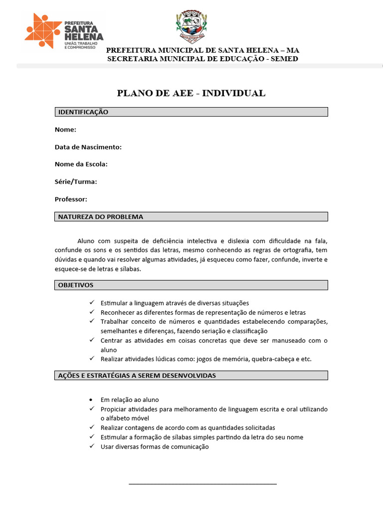 Plano de AEE para Deficiência Intelectiva | PDF