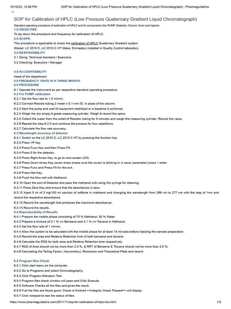 SOP For Calibration of HPLC (Low Pressure Quaternary Gradient Liquid Chromatograph