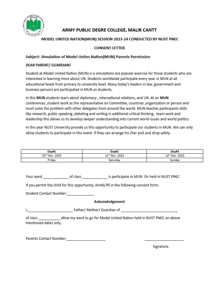 Consent Form of Parents For Mun | PDF