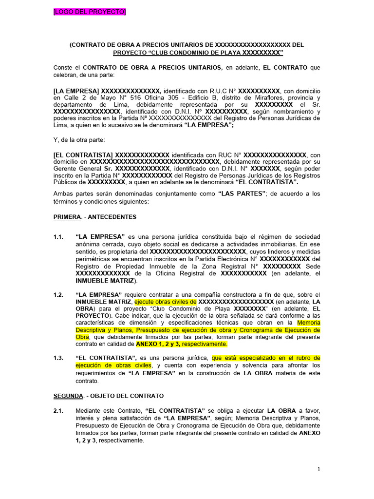 Modelo Contrato de Obra A Precios Unitarios (Letra y Fondo de Garantia ...