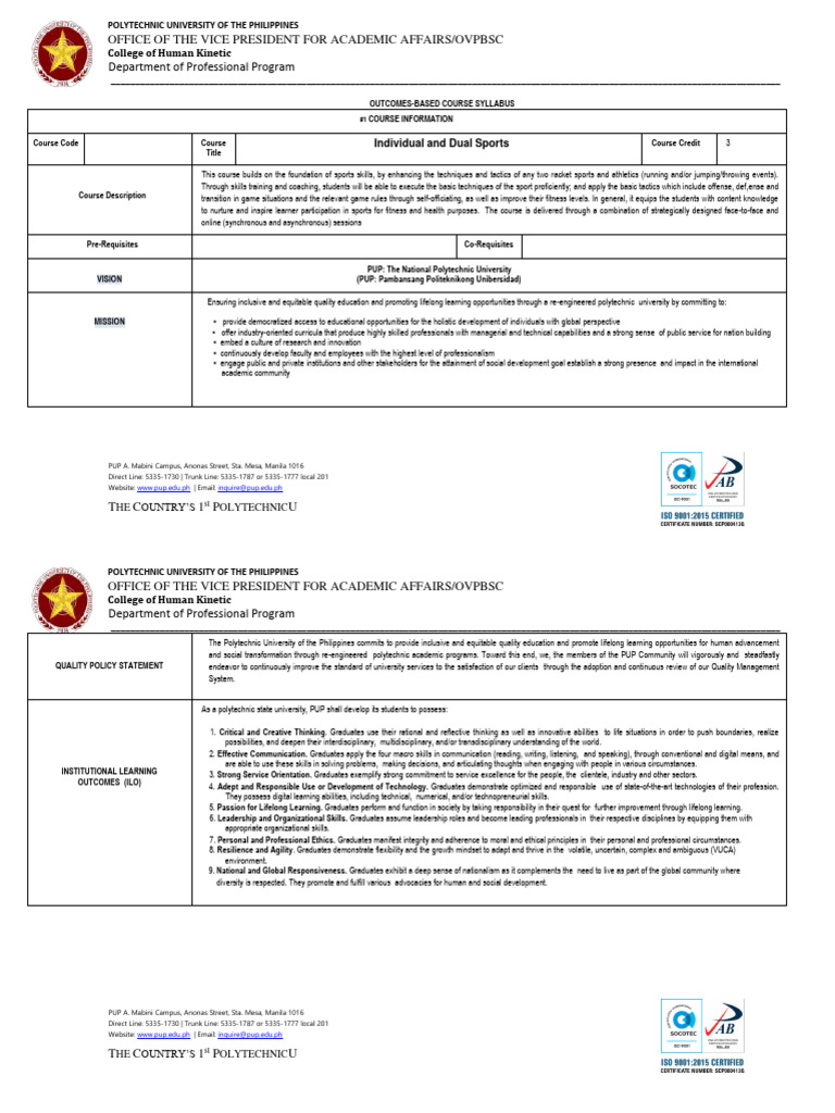PUP Individual and Dual Sports Syllabus | PDF | Learning | Cognition