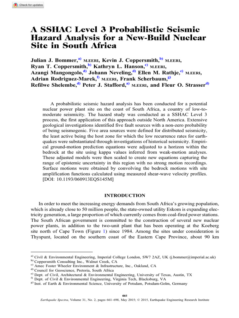 Bommer Et Al 2015 A Sshac Level 3 Probabilistic Seismic Hazard Analysis ...