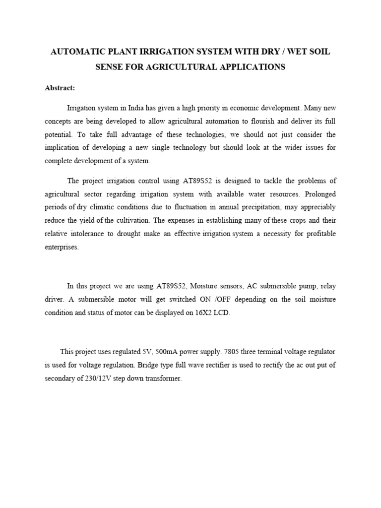 Automatic Plant Irrigation System With Dry Wet Soil Sense For Agricultural Applications PDF