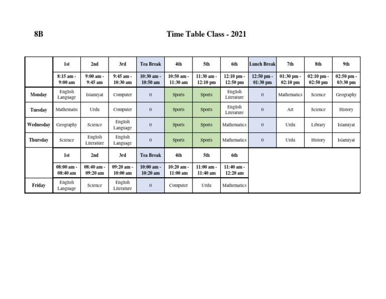 Class 8B Timetable 2021 | PDF