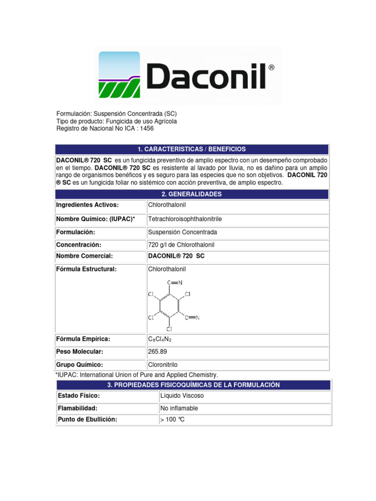 Daconil 720 SC Ficha Tecnica 10abril 2022 | PDF | Agua | Pesticida
