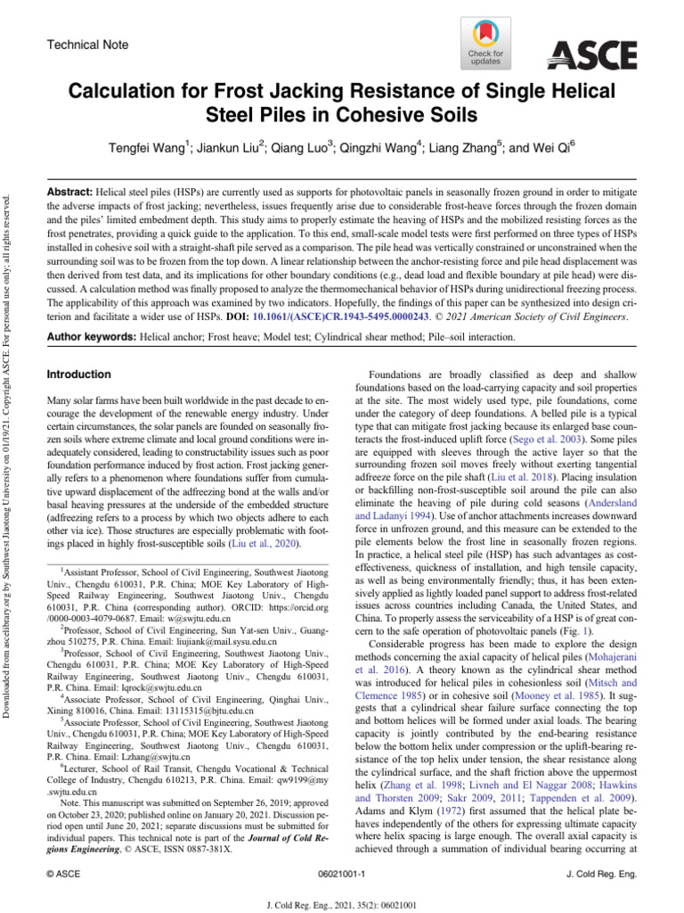 2021 Calculation For Frost Jacking Resistance of Single Helical Steel ...