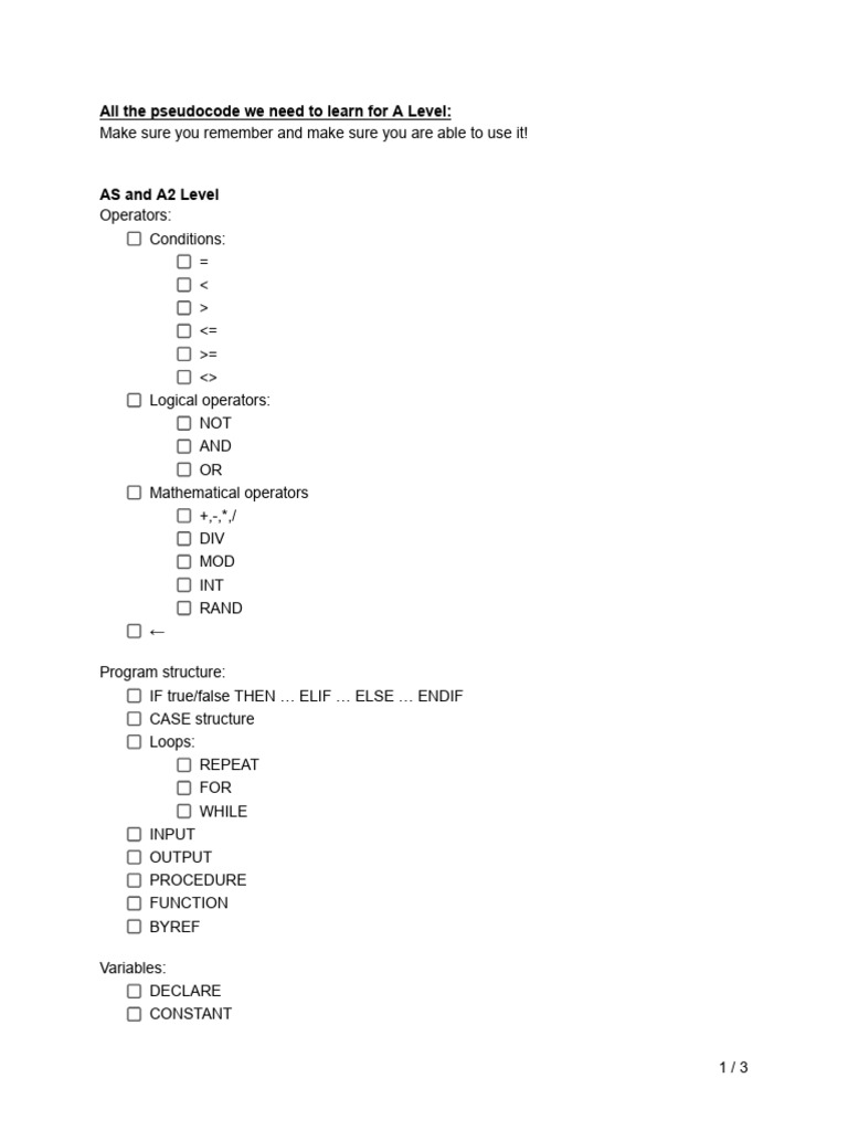 Checklist - All Pseudocode | PDF
