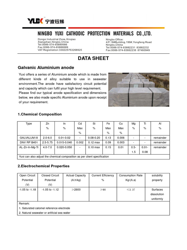 Aluminium Anode Specifications and Types | PDF | Electrochemistry ...