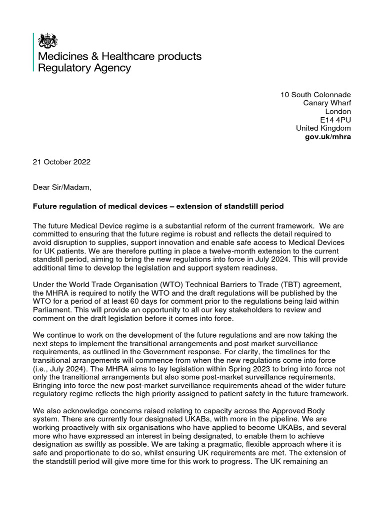 UK Future Regulation of Medical Devices Extension of Standstill
