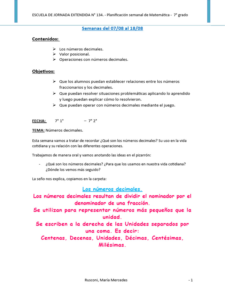 Matemática 7 1 Y 2 Pdf Decimal Matemáticas