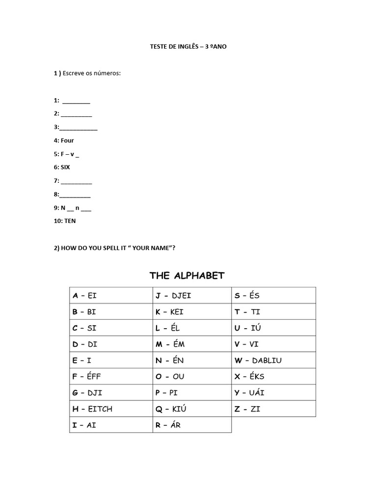 Teste de Inglês - 3 Ano | PDF