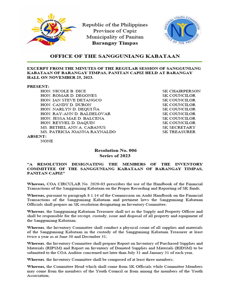 SK Inventory Committee Resolution | PDF | Government