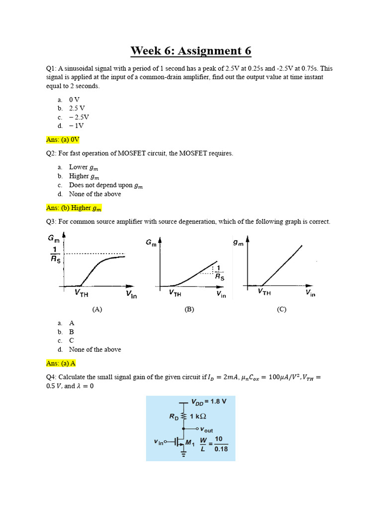 Microelectronics Assignment 6 Solutions | PDF | Amplifier | Mosfet