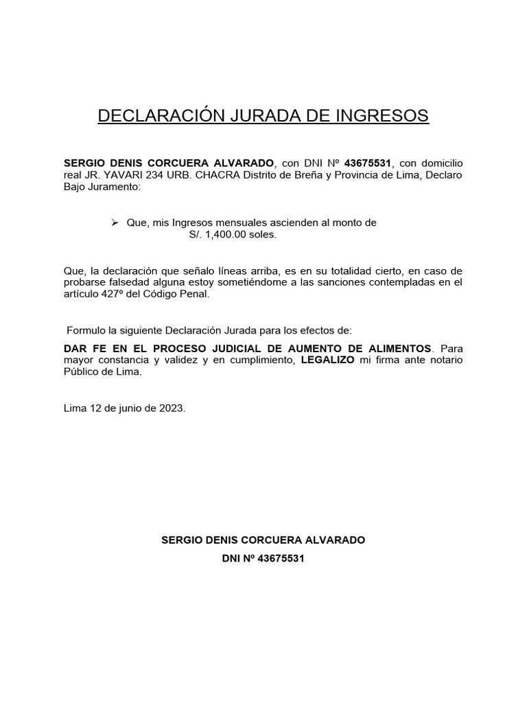 Declaración Jurada de Ingresos Mensuales | PDF