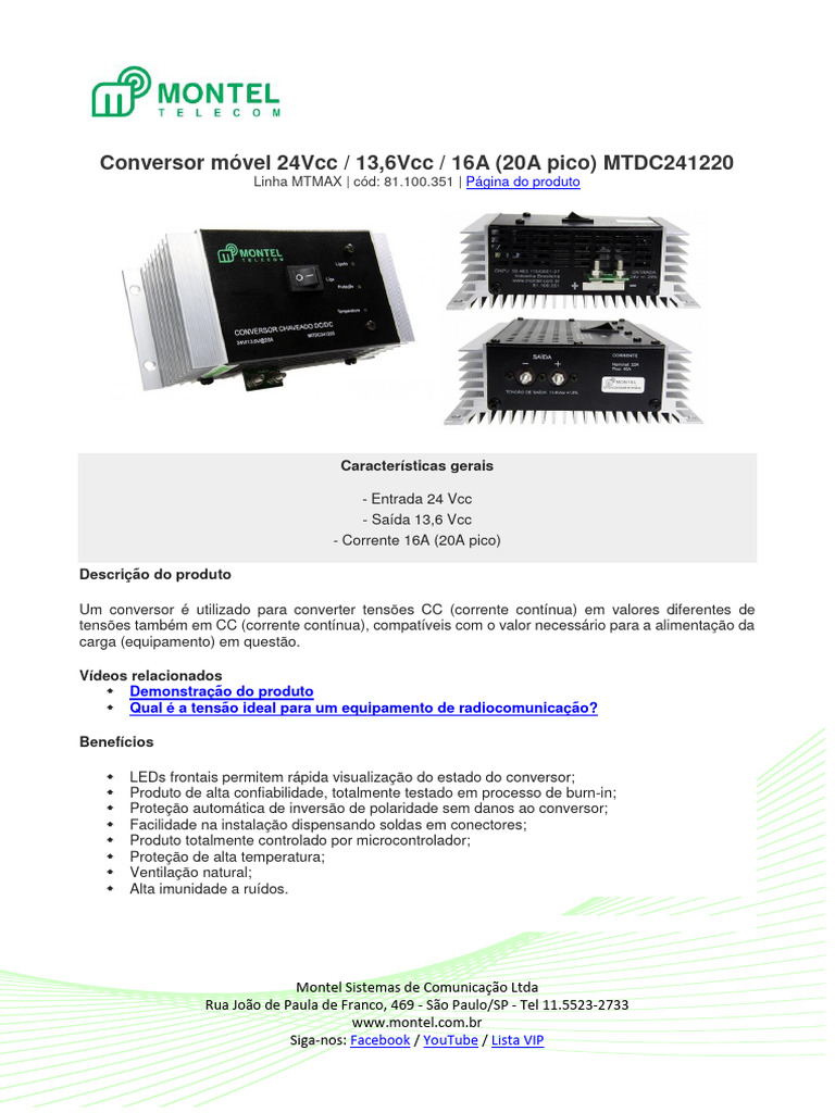 Conversor 24Vcc para 13,6Vcc 16A | PDF | Corrente direta | Eletricidade