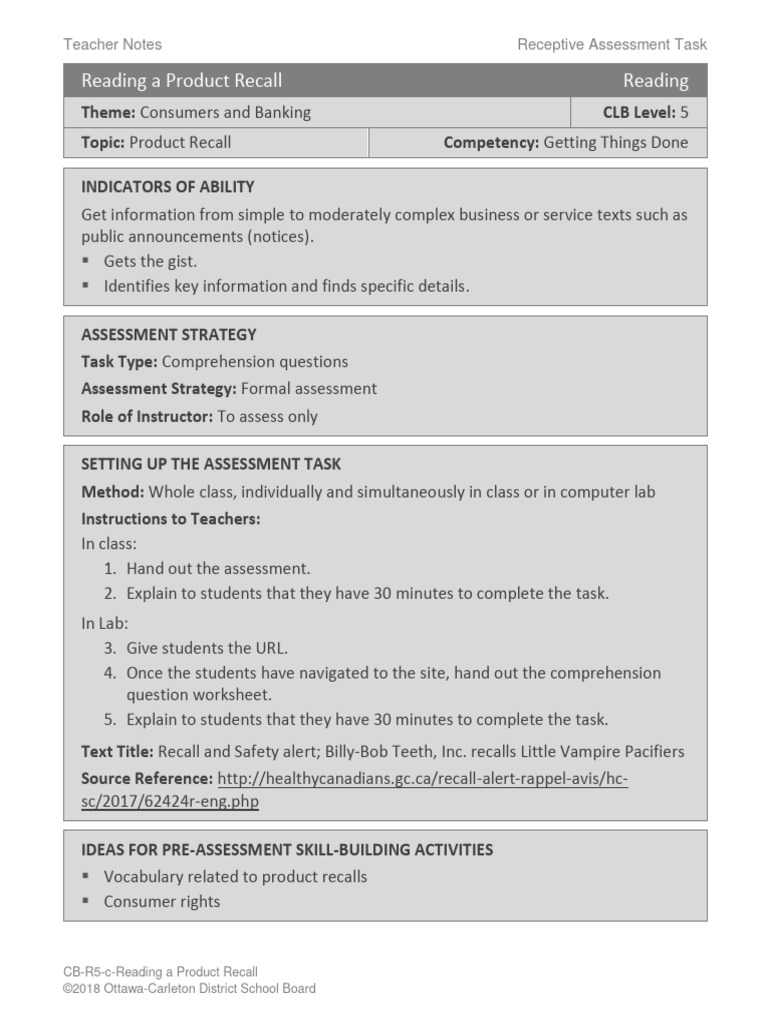 Product Recall Assessment Guide | PDF | Reading Comprehension ...