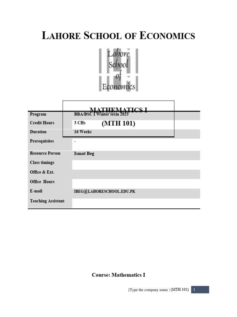 Ahore chool of conomics mathematics i mth 101 pdf equations