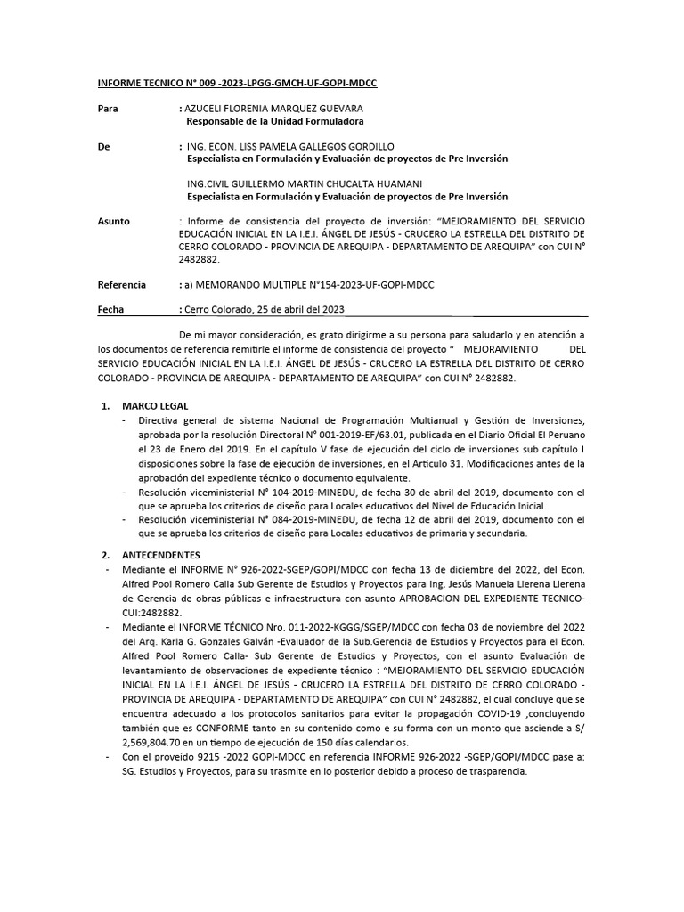 INFORME TECNICO 009 Consistencia IEI NIÑO DE JESUS | PDF | Educación de ...
